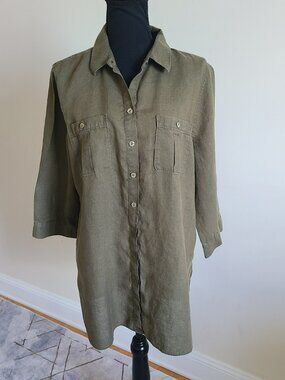 Chico’s 100% Linen No Iron Tunic Shirt Dress Olive Green 3/4 Sleeve Size 14